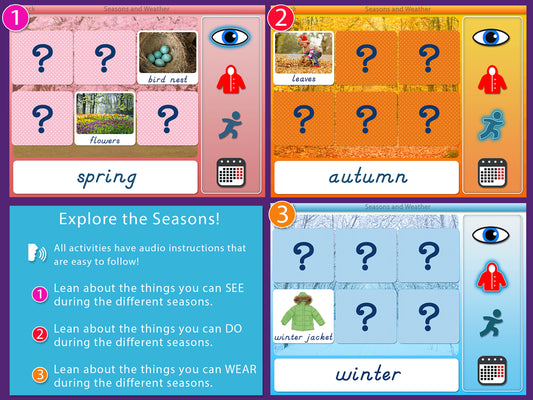 Educational game or app interface for learning about seasons with images and text.