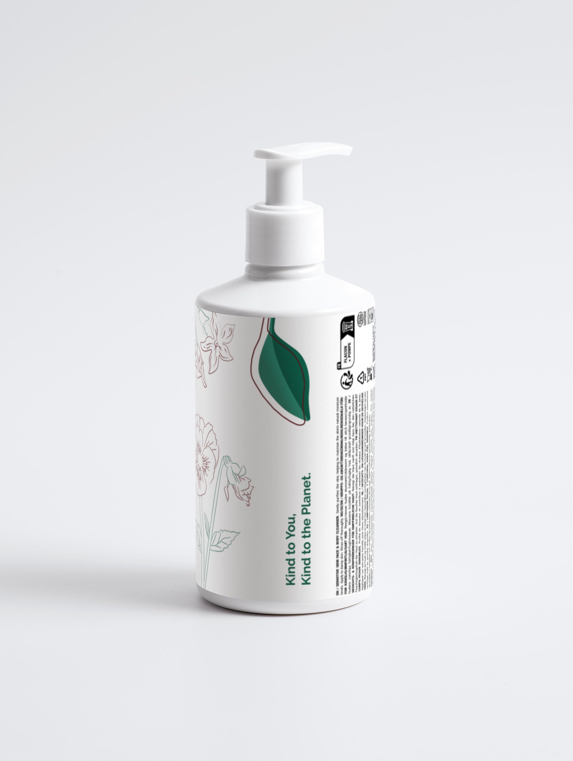 White bottle with a pump and green leaf design on a white background