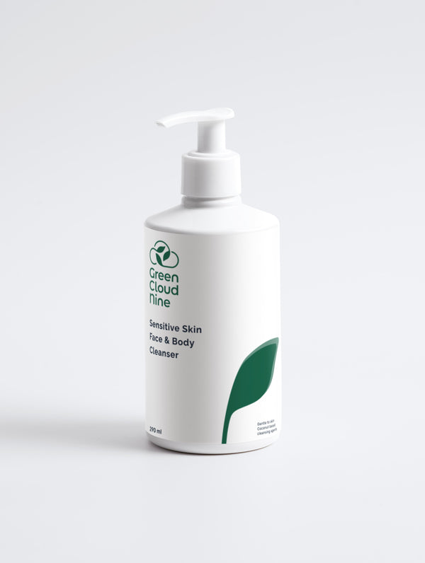 Sensitive Skin Face & Body Cleanser 190ml in a white pump bottle with Green Cloud Nine Logo on a white background