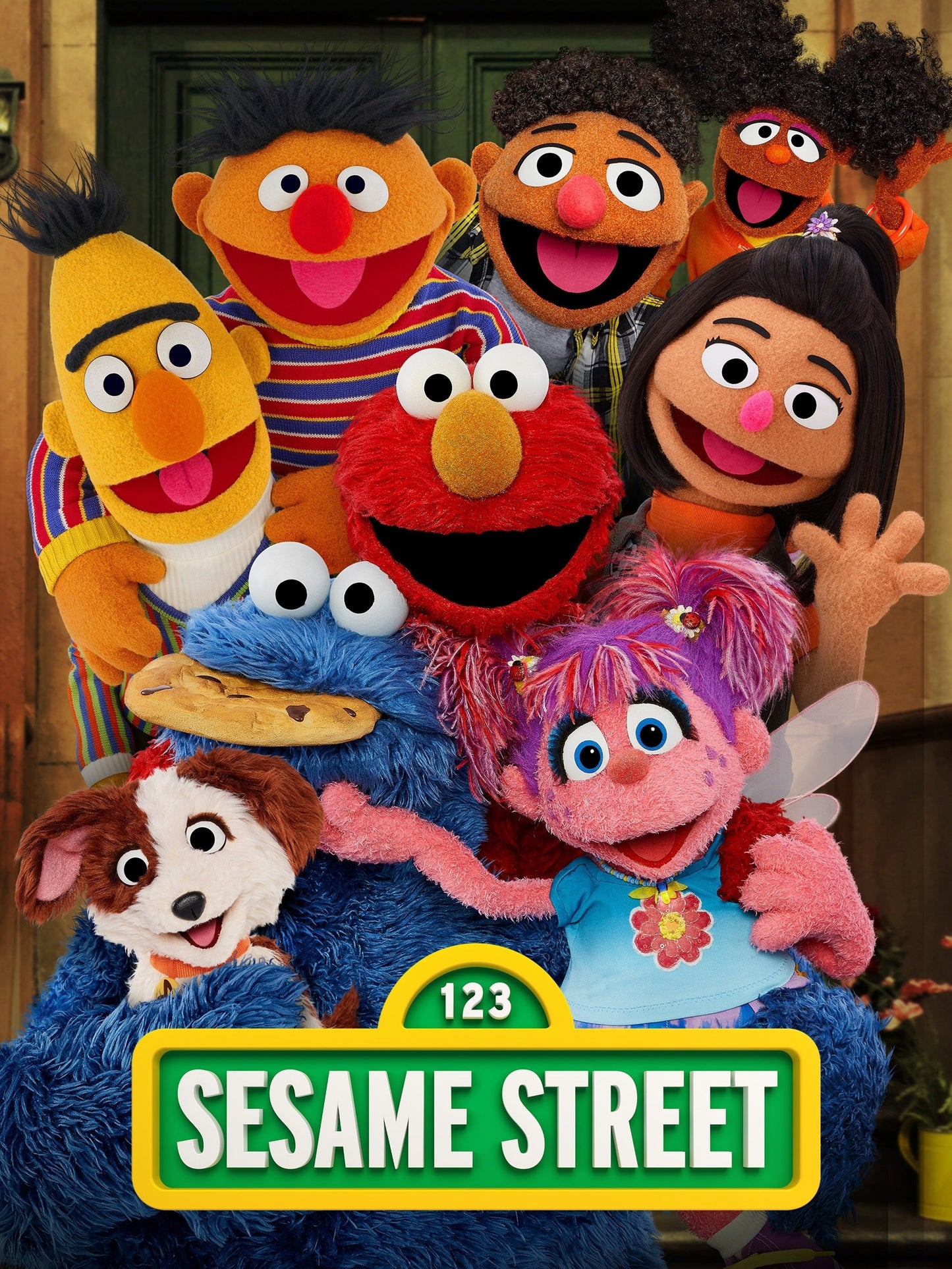 Sesame Street characters posing together with the Sesame Street logo.