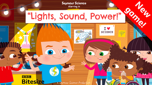 Children's educational cartoon with Seymour Science branding, featuring characters around a science fair setup.
