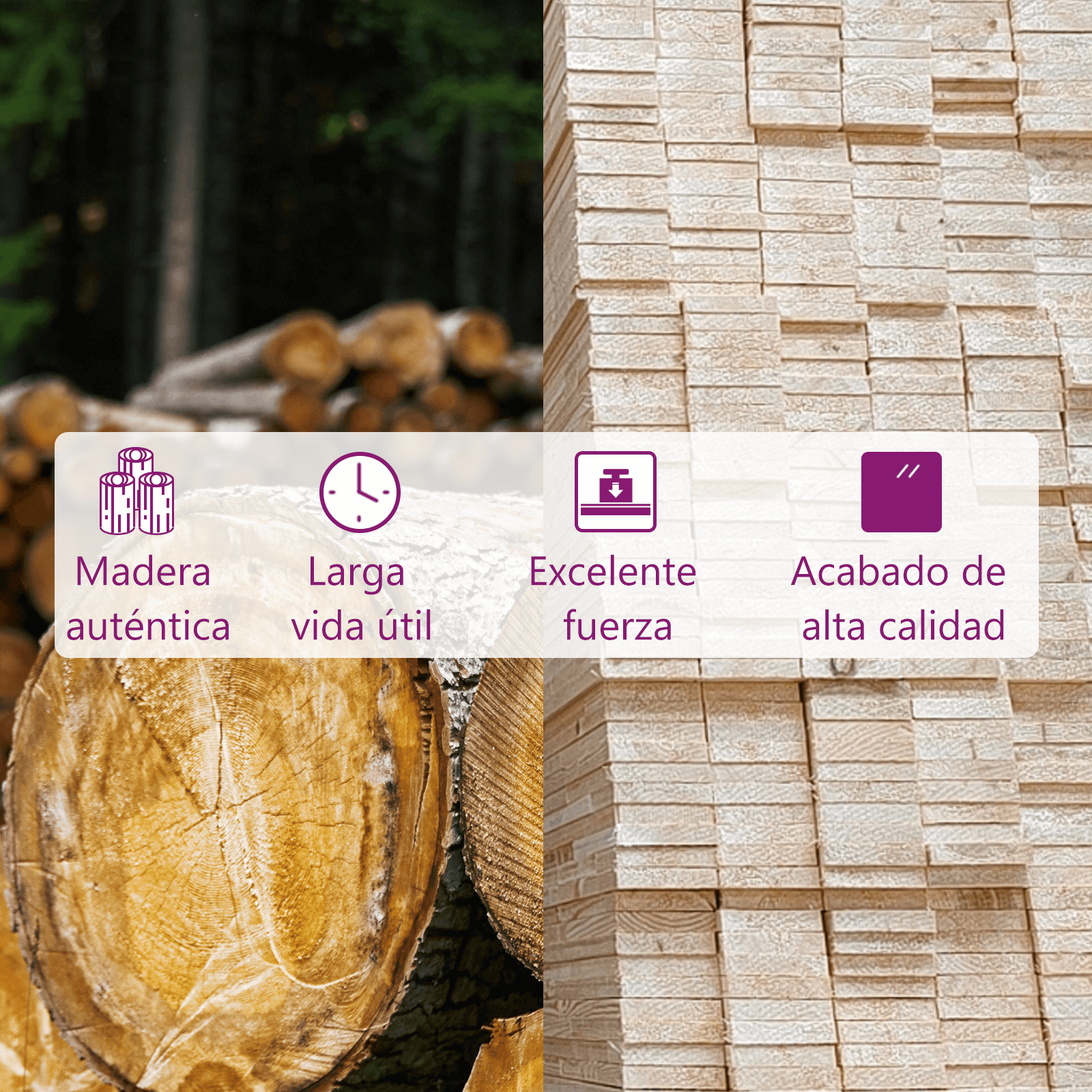 Stacked logs and cut wood with icons highlighting quality, durability, strength, and premium finish.