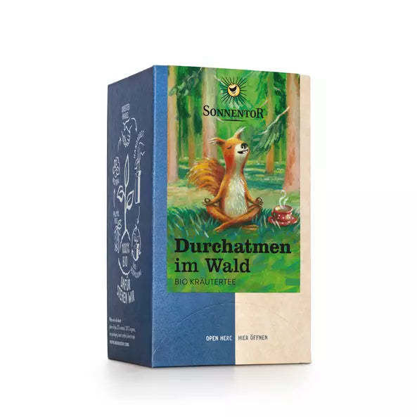 Sonnentor organic herbal tea ‘Breathe Deeply in the Forest’, with a meditating squirrel in a lush woodland illustration