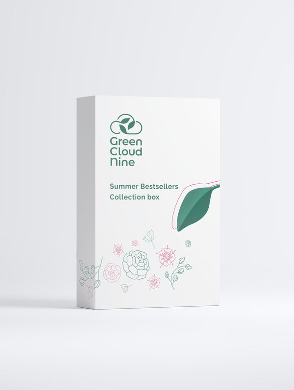 Summer Bestseller Collection Box White product packaging box with 'Green Cloud Nine' branding and floral illustrations on a white background front 