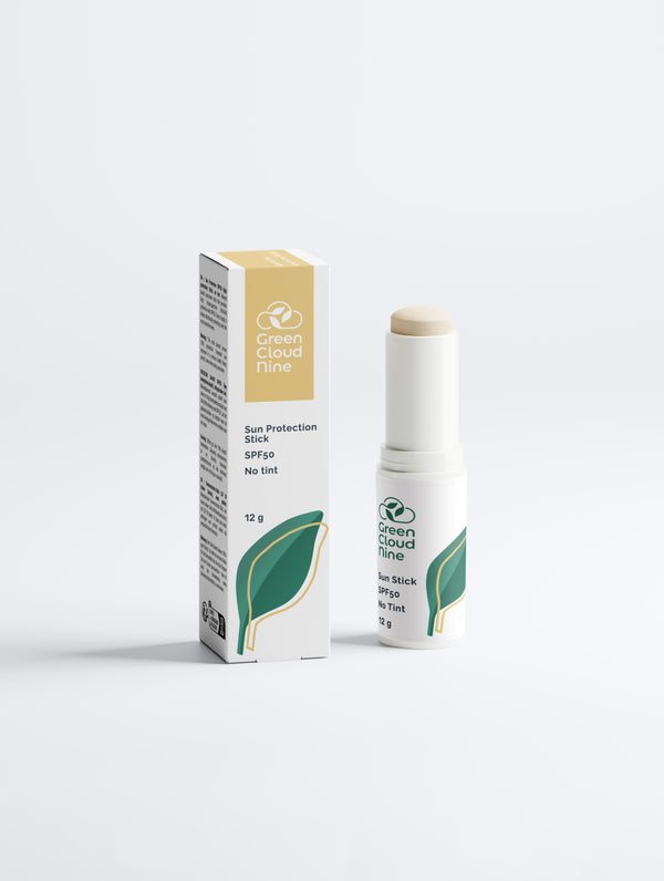 Sun Protection SPF50 Stick without tint shown with box and Green Cloud Nine logo on white background