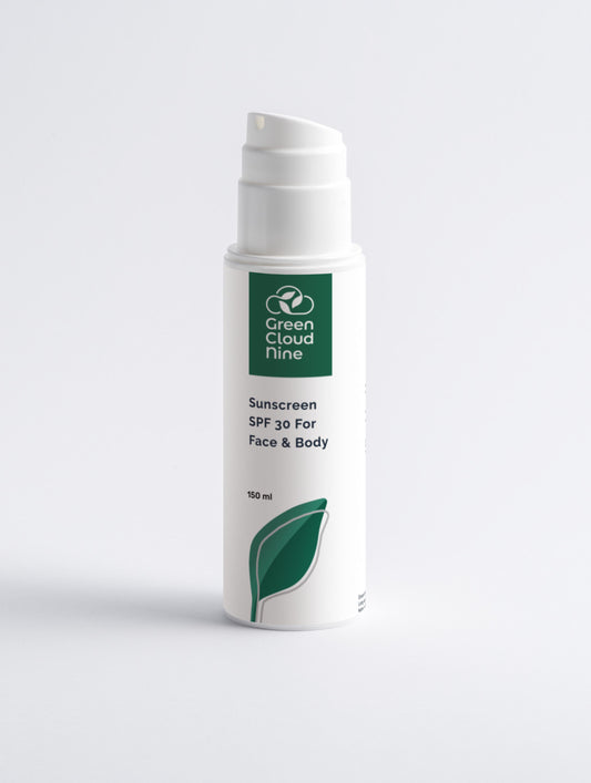Sunscreen SPF30 For Face Body 150ml in a white pump bottle with Green Cloud Nine Logo
