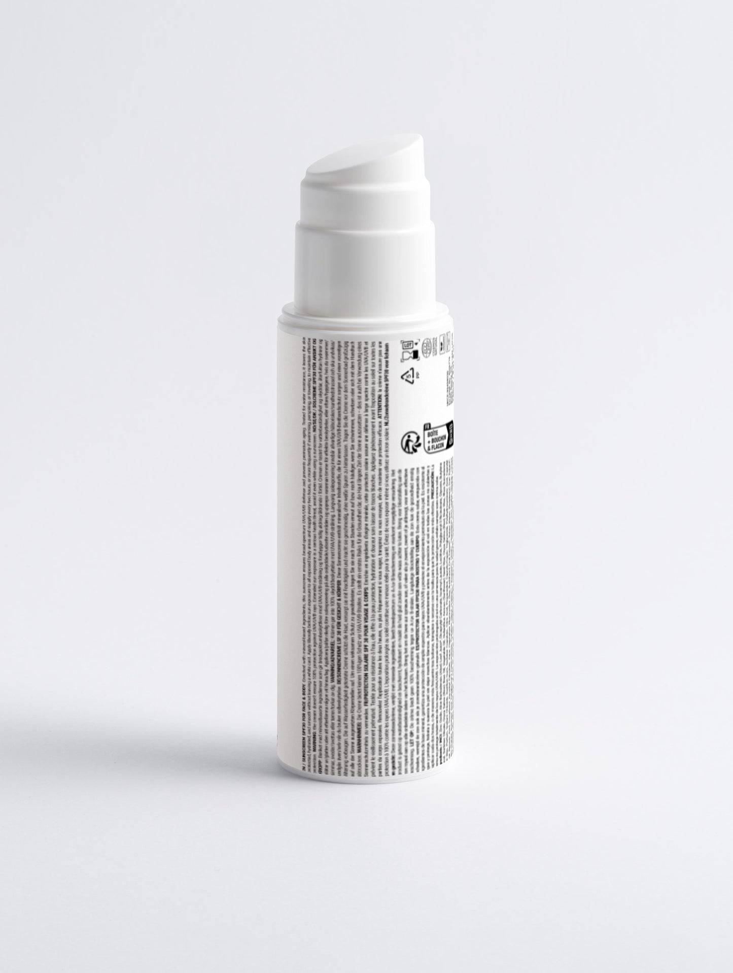 Sunscreen SPF30 For Face Body 150ml back in a white pump bottle with Green Cloud Nine Logo