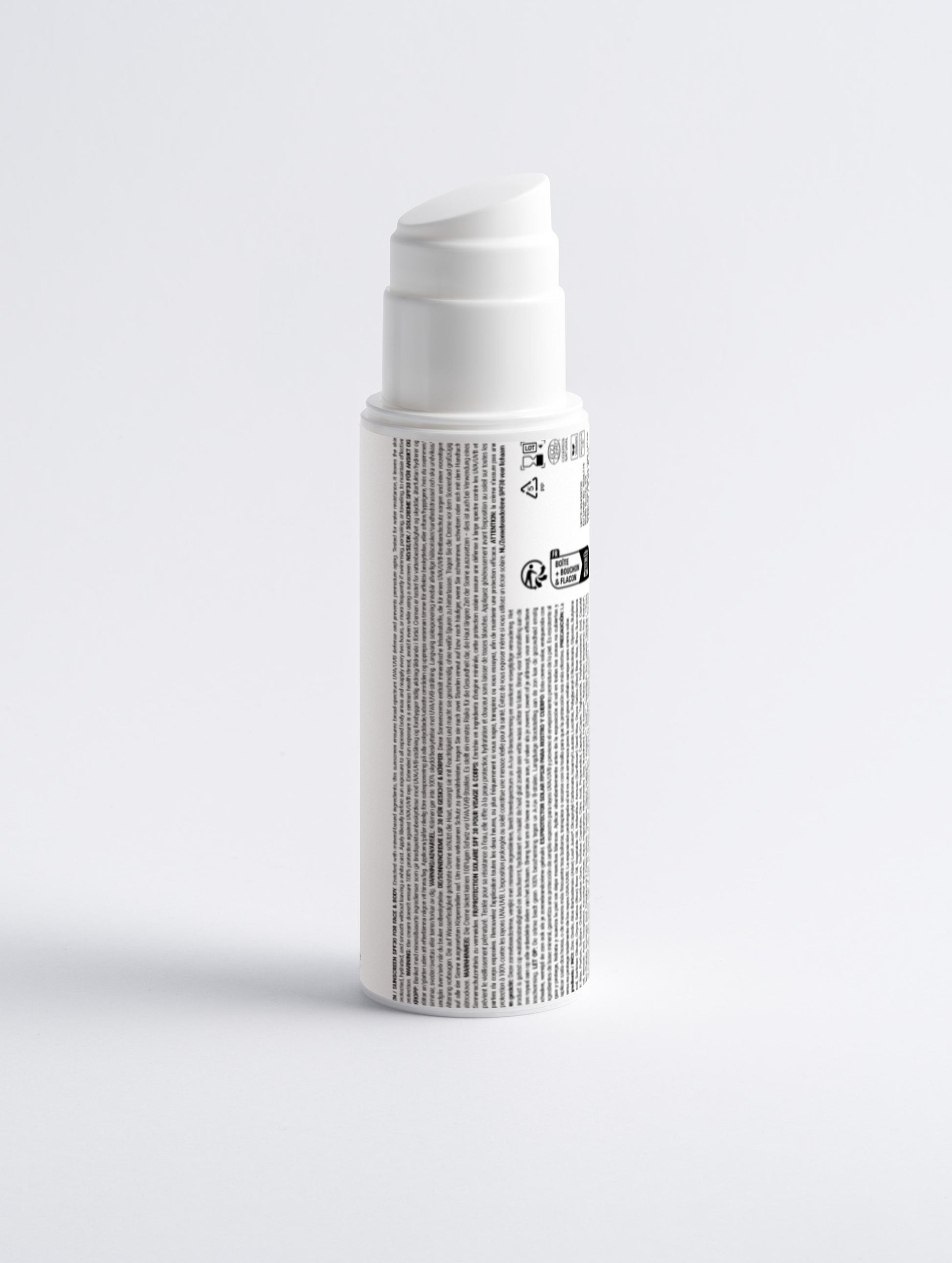 Sunscreen SPF30 For Face Body 150ml back in a white pump bottle with Green Cloud Nine Logo