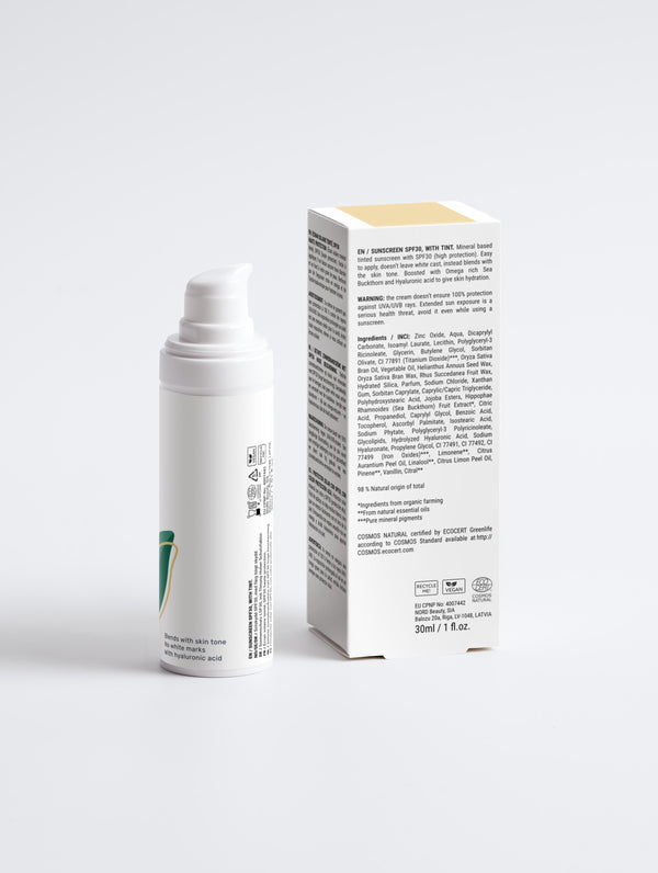 Sunscreen SPF30 With Tint with box back in a white pump bottle with Green Cloud Nine Logo, on a white background