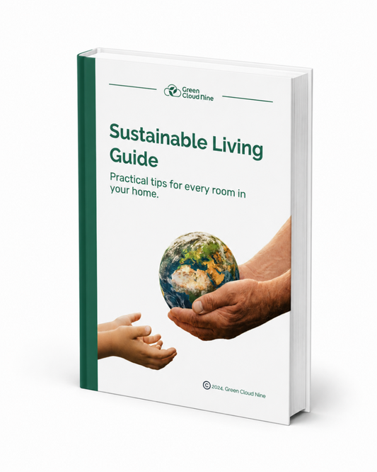 A book titled "Sustainable Living Guide: practical tips for every room in your home" by Green Cloud Nine