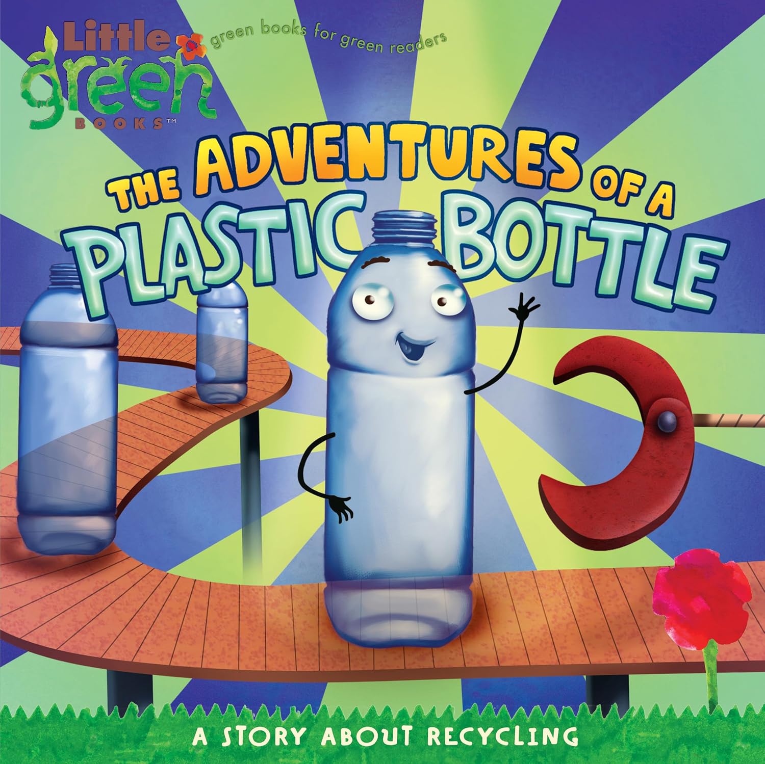 Book cover of 'The Adventures of a Plastic Bottle' with cartoon bottle character and recycling theme.