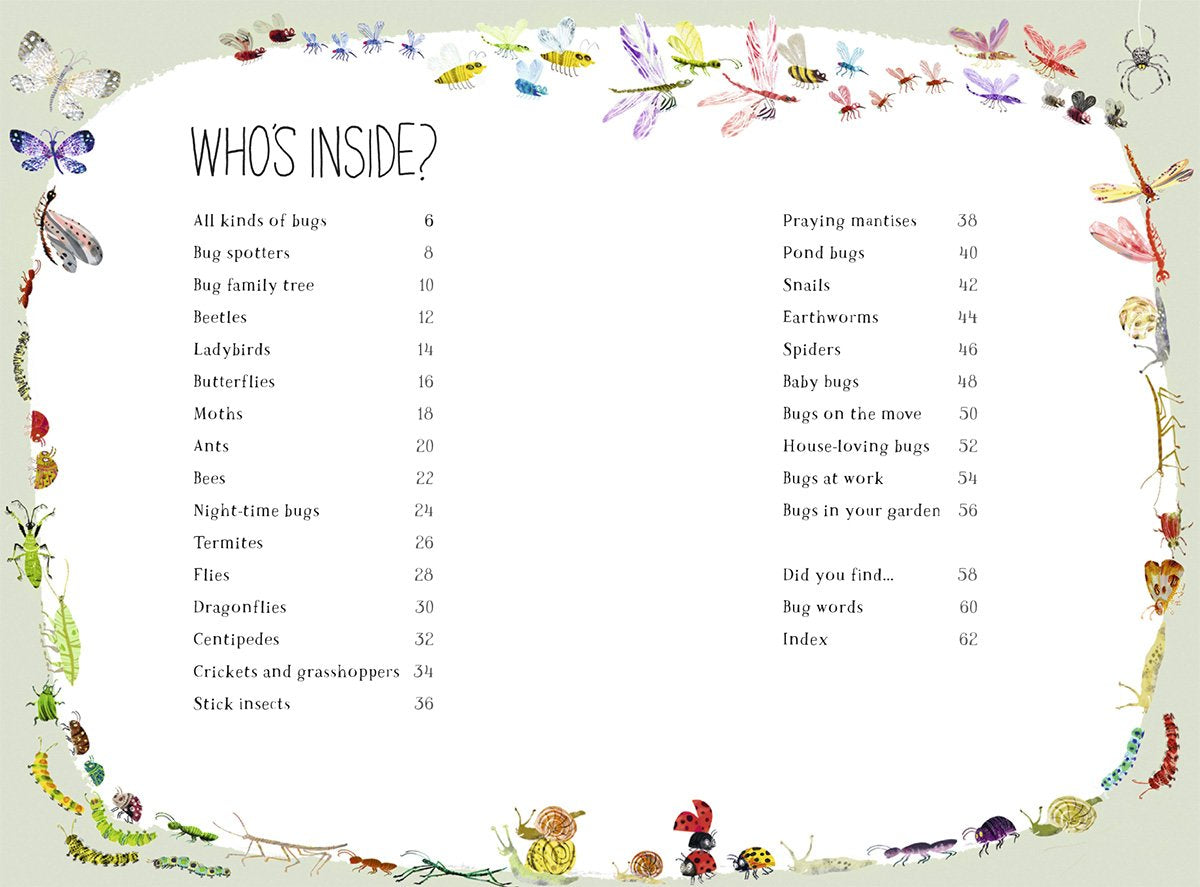 Table of contents page with illustrations of bugs and flowers on a light background
