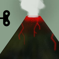 Digital illustration of a volcano with red lava and white smoke against a green background