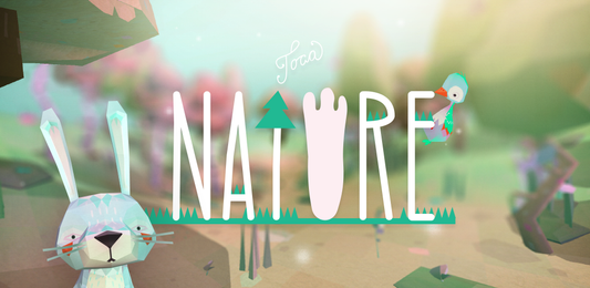 Cartoon rabbit and bird with 'Toca Nature' text in a stylized outdoor setting