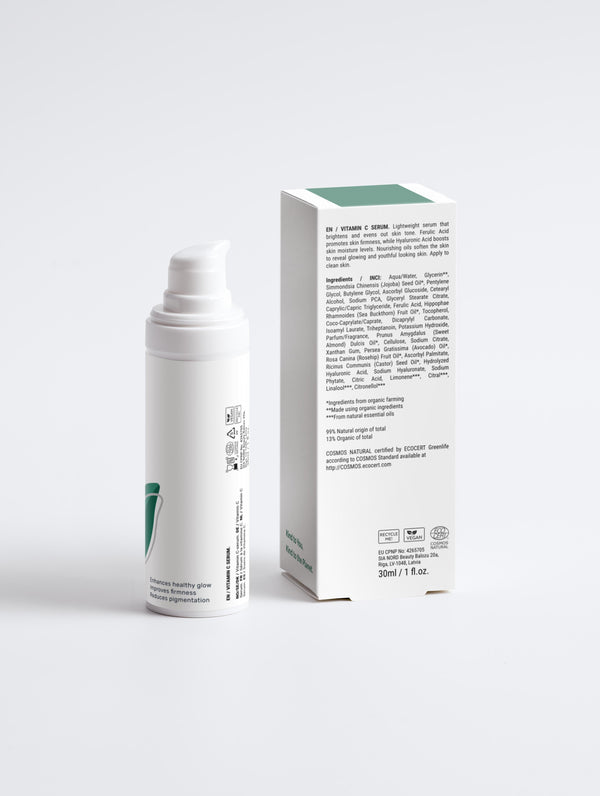 Vitamin C Serum with box back in a white pump bottle with Green Cloud Nine Logo