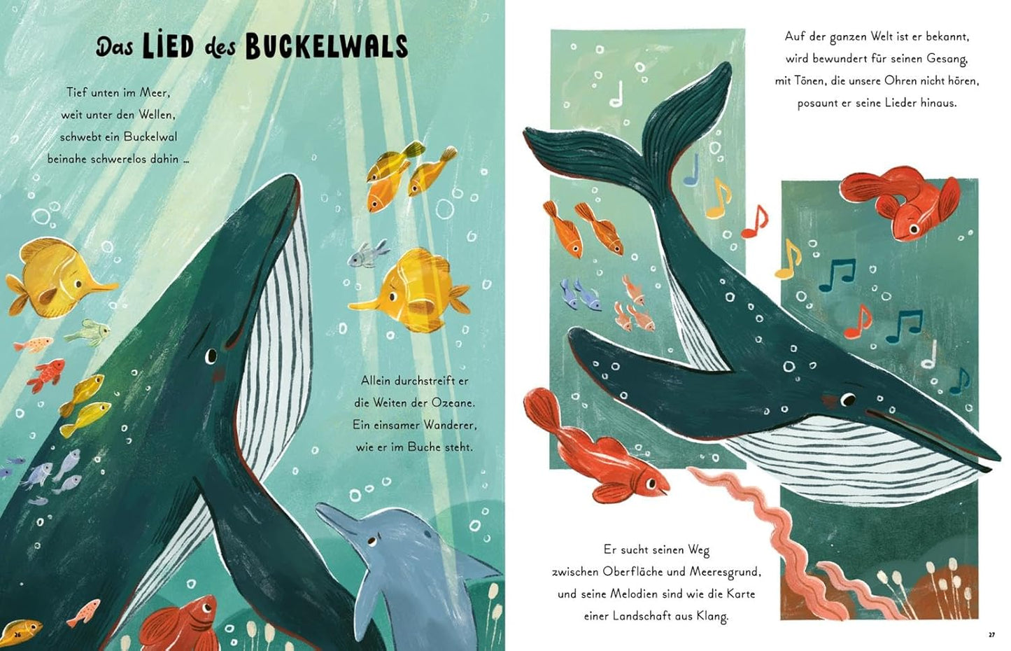 Illustrierte Buchseite mit Walen und Fischen unter Wasser