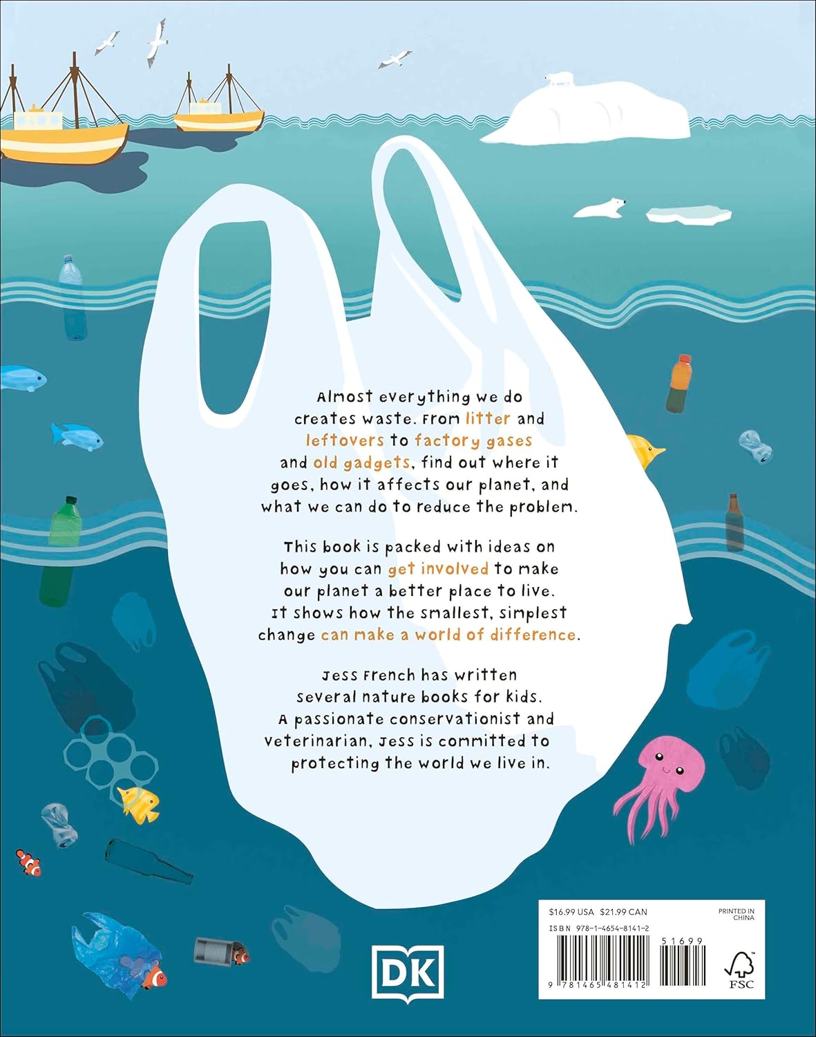 Book backcover with a plastic bag illustration and ocean scene, featuring DK branding.