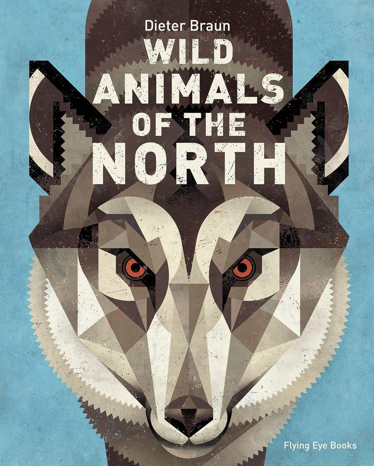 Book cover of 'Wild Animals of the North' with a geometric wolf design on a blue background.