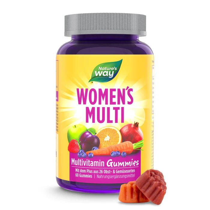Nature’s Way Women’s Multi gummies complete multivitamin support with fruity flavor and 26 fruit & veggie ingredients