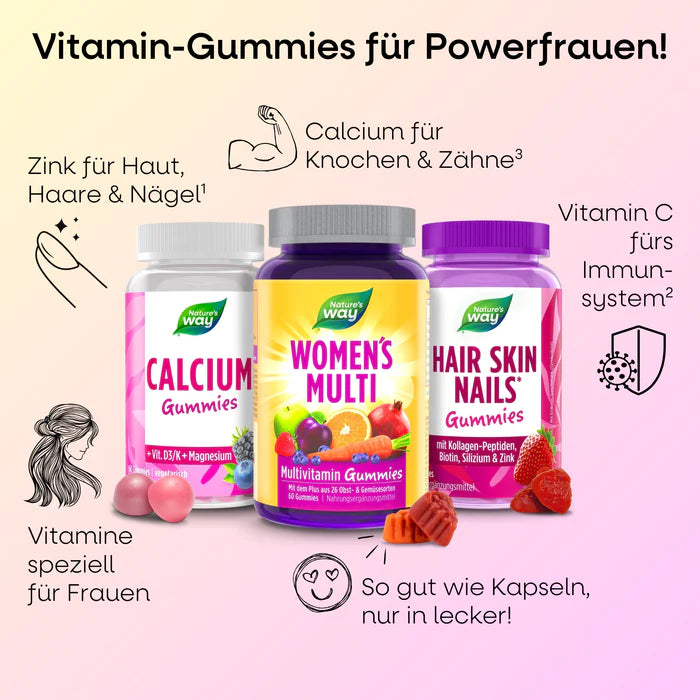 Nature’s Way vitamin gummies trio: Calcium, Women’s Multi, and Hair Skin Nails – perfect support for strong, vibrant women.