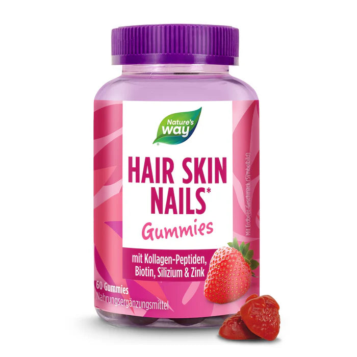 Nature’s Way Hair Skin Nails Gummies with collagen peptides, biotin, silica & zinc – in a yummy strawberry flavor.
