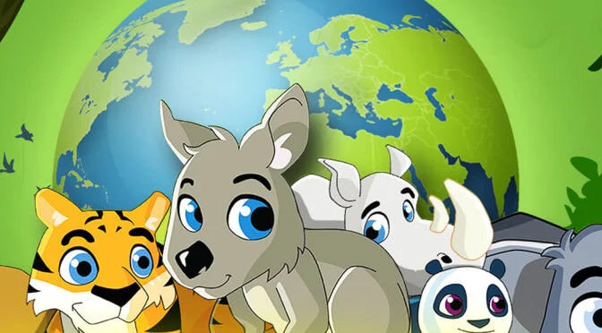 Cartoon animals with a globe in the background