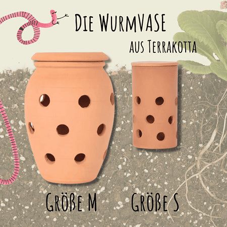 Terracotta worm vases in two sizes for composting kitchen waste directly in the garden, eco-friendly.
