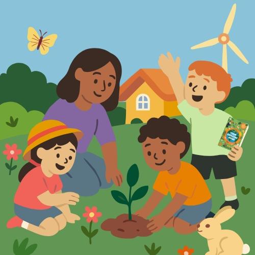 Illustration of children and adults planting a tree with a house, butterfly, and wind turbine in the background.
