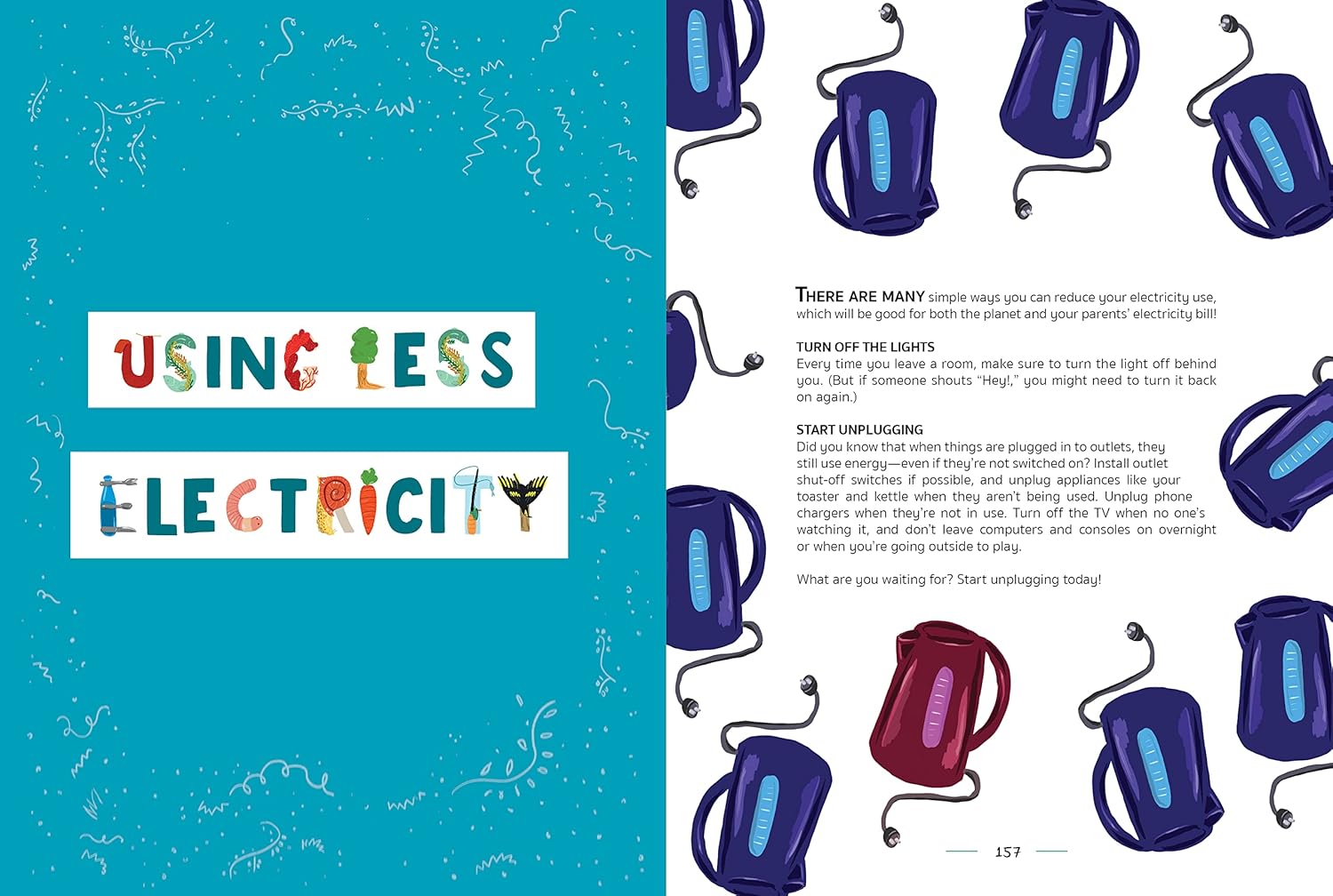 Book page with colorful text and illustrations about using less electricity.