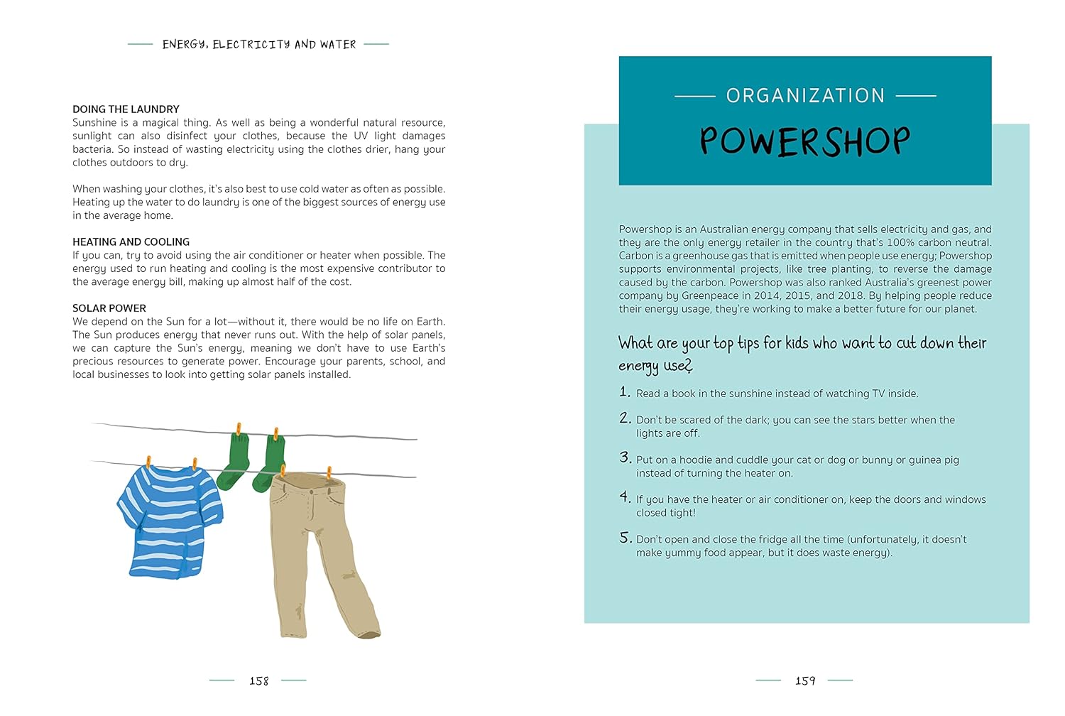 Page from a book about energy, electricity, and water with text and illustrations.