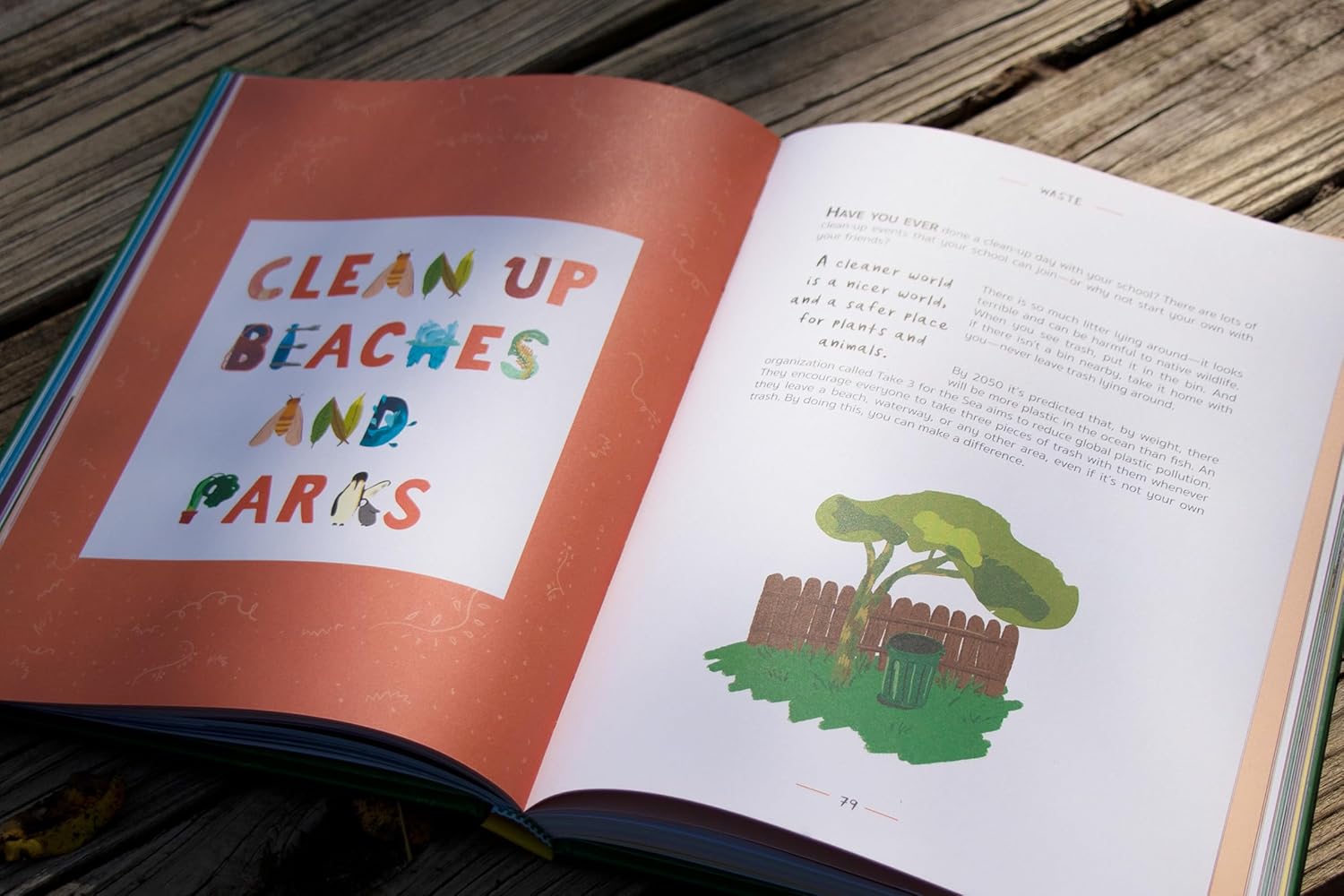 Open book with a colorful illustration and text on a wooden surface