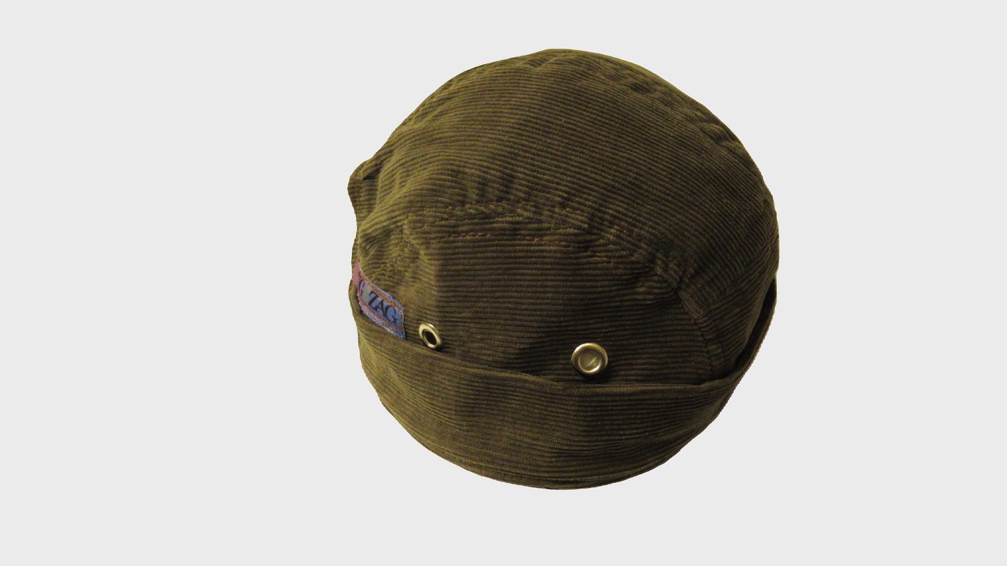 Zig Zag upcycled corduroy green army hat. made from repurposed textiles, combining sustainability, durability, and style for an eco-friendly fashion choice