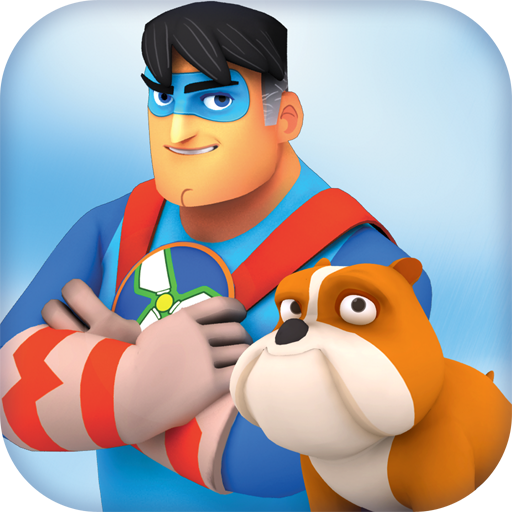 Superhero character with a bulldog on a blue background