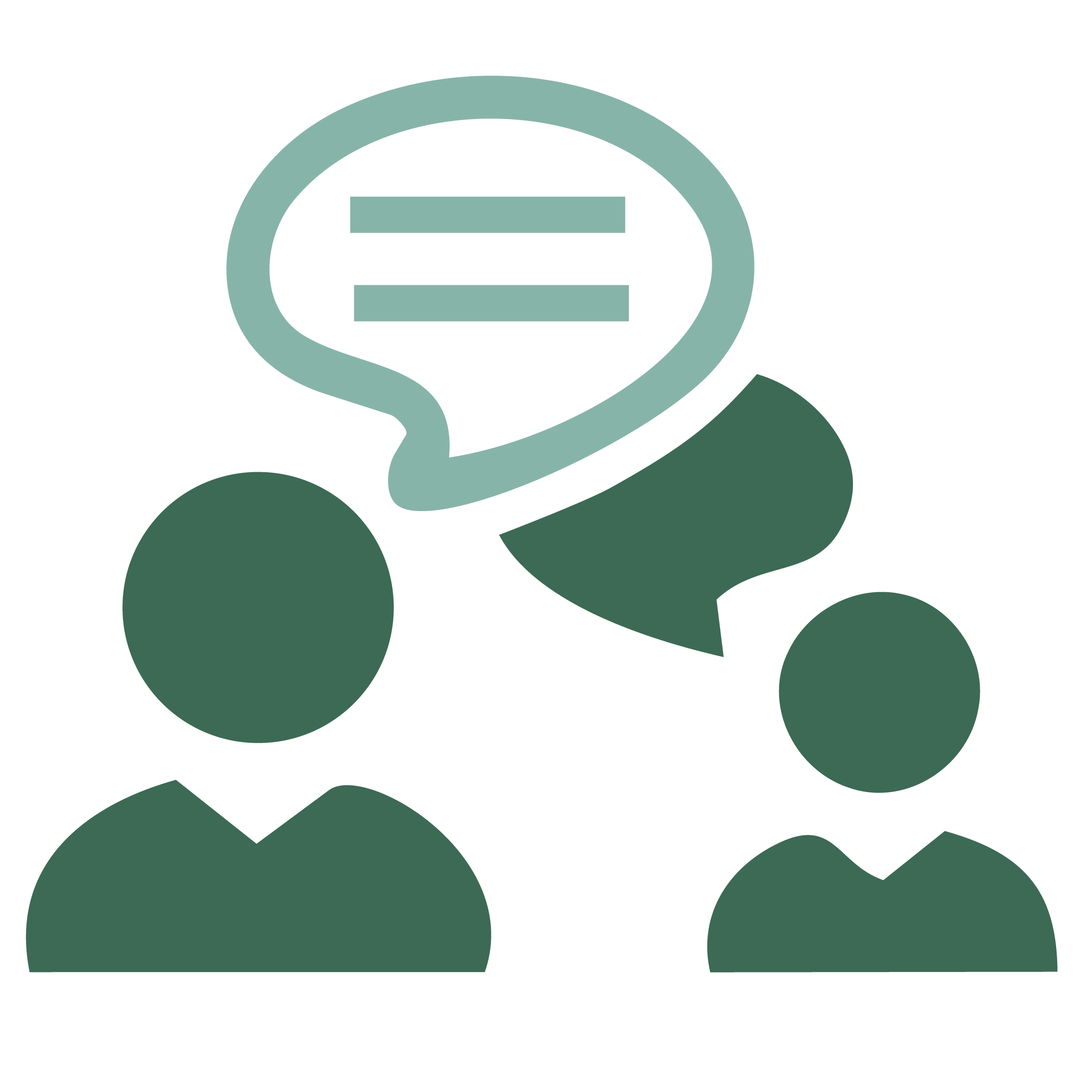 Icon of three people with a speech bubble containing equal signs on a white background
