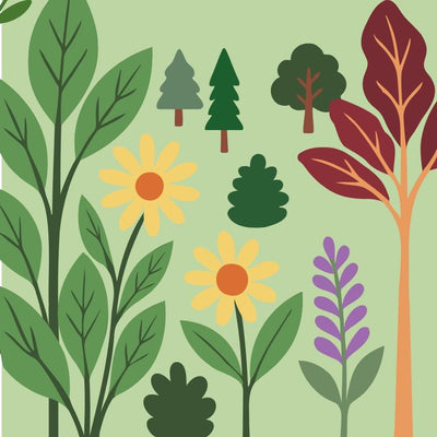 Colorful illustration of trees, flowers, and plants on a green background3