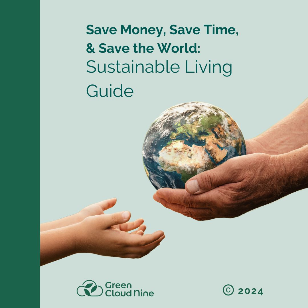 A cover image of a guide titled 'Save Money, Save Time, & Save the World: Sustainable Living Guide', showing two hands holding a small globe against a light background.