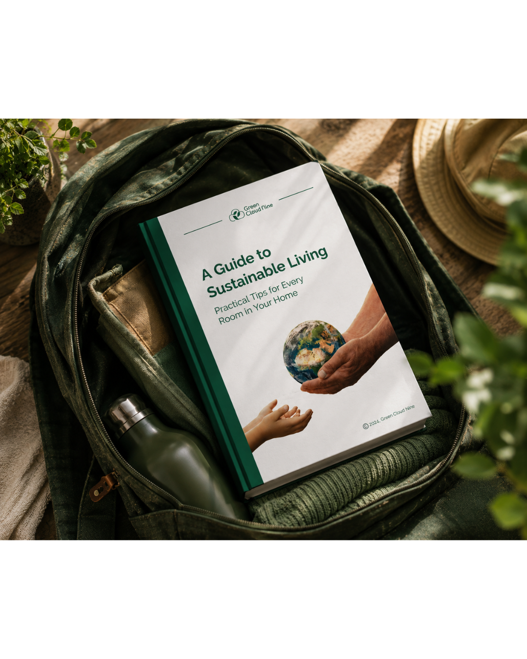 A book titled "Sustainable Living Guide: practical tips for every room in your home" by Green Cloud Nine inside an open rucksack
