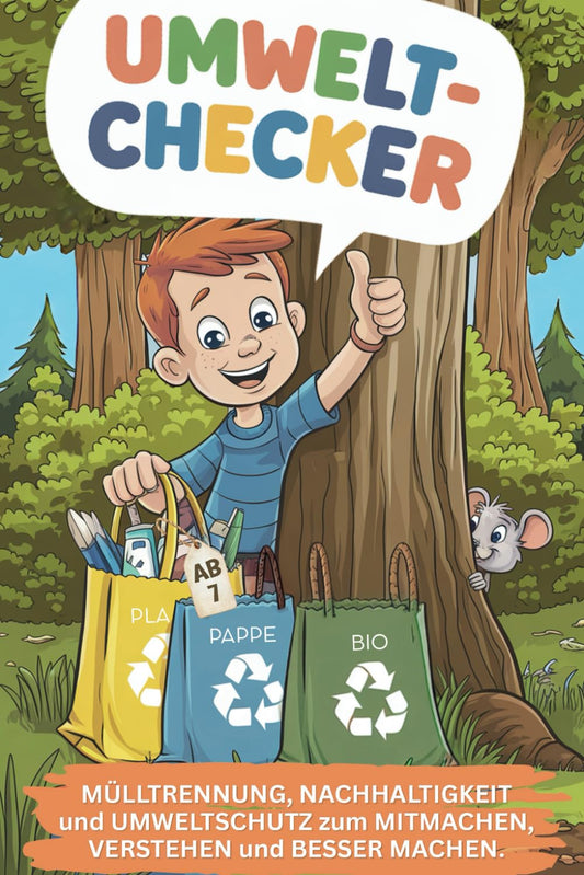 Buchcover von „Umwelt-Checker” mit einem Jungen und einer Maus in einer Waldkulisse, das für Umweltbewusstsein wirbt.