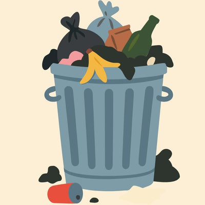 Illustration of a trash bin filled with various waste items on a beige background4